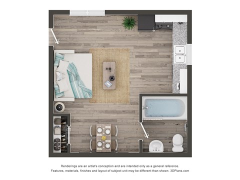 a floor plan of a studio apartment with a bathroom and a bedroom